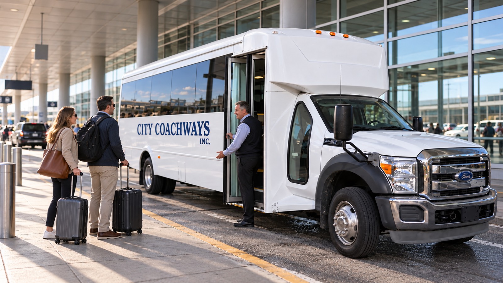 Illustrative airport transfer scene with a white City Coachways minibus, two travelers with luggage and a greeter at the door.