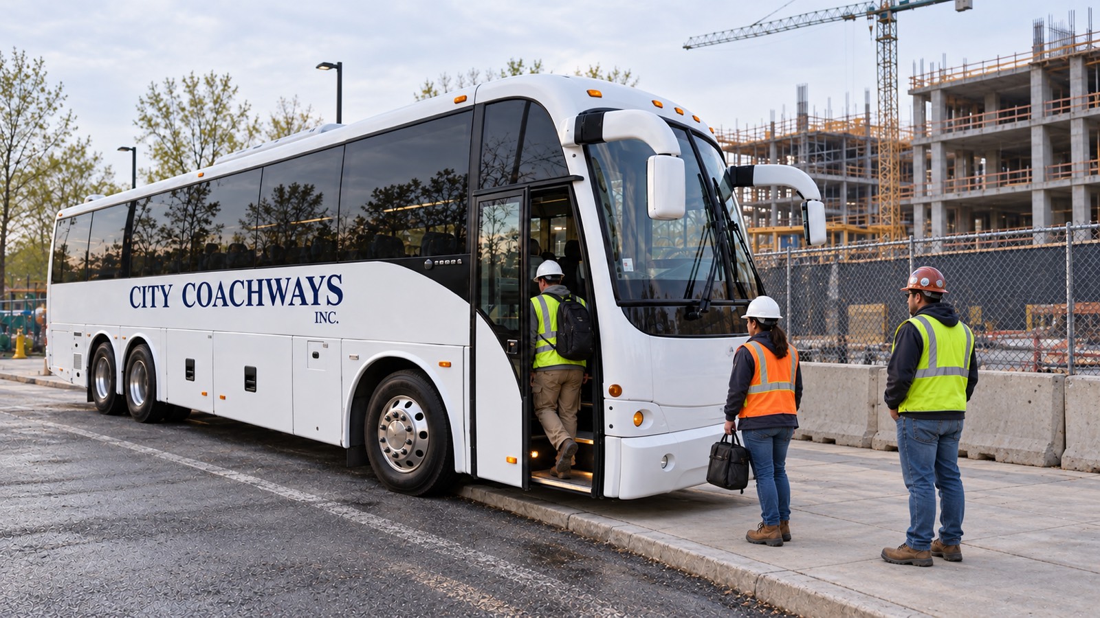 Illustrative construction shuttle scene with a white City Coachways coach and three workers near the boarding area.