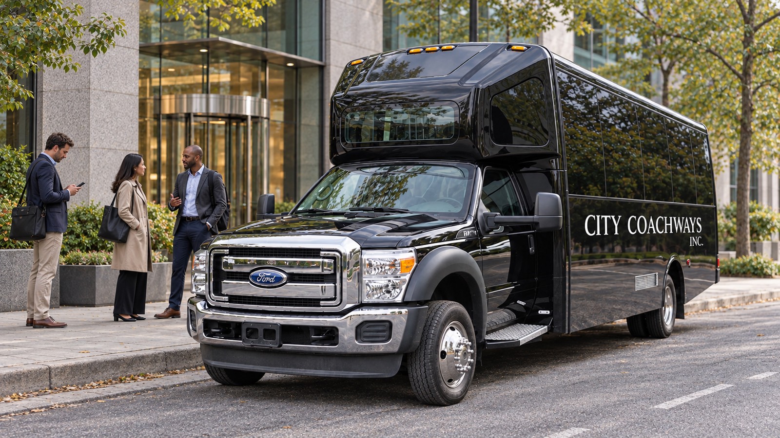 Illustrative corporate transport scene with a black City Coachways minibus and three adults outside an office.