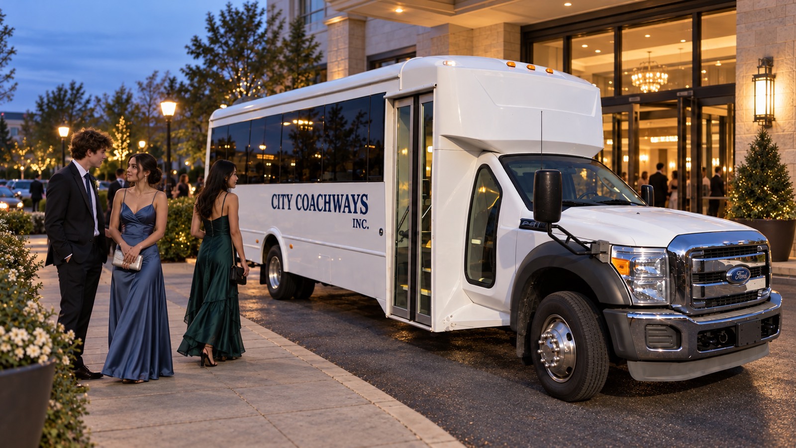 Illustrative formal-event transport scene with a white City Coachways minibus and three young adult guests.