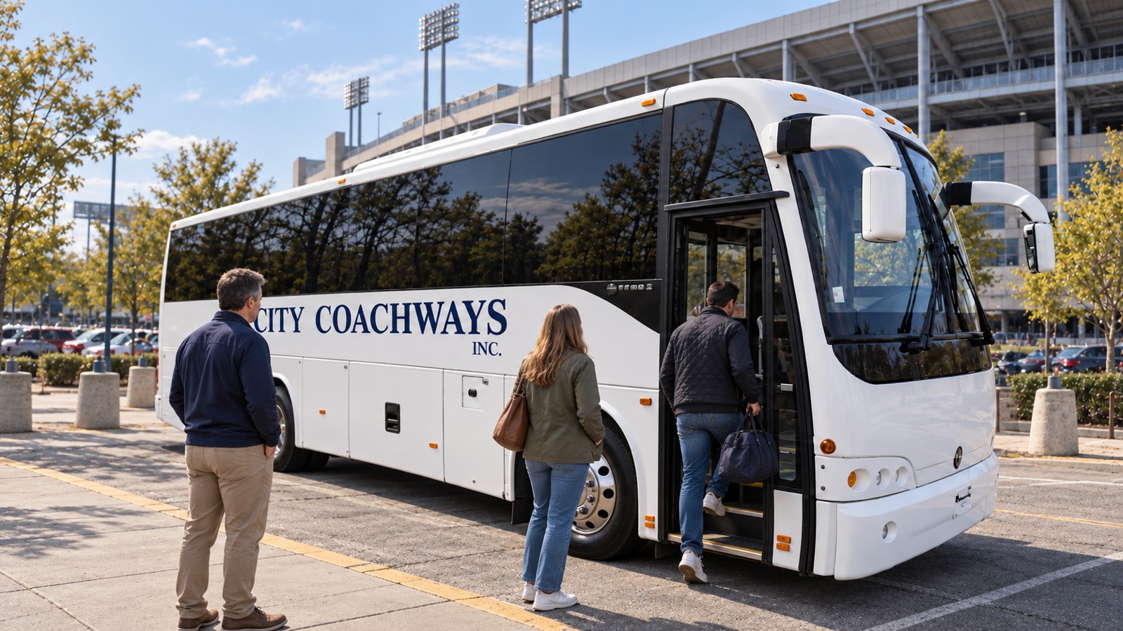 Illustrative stadium shuttle scene with a white City Coachways coach and three adults preparing to board.
