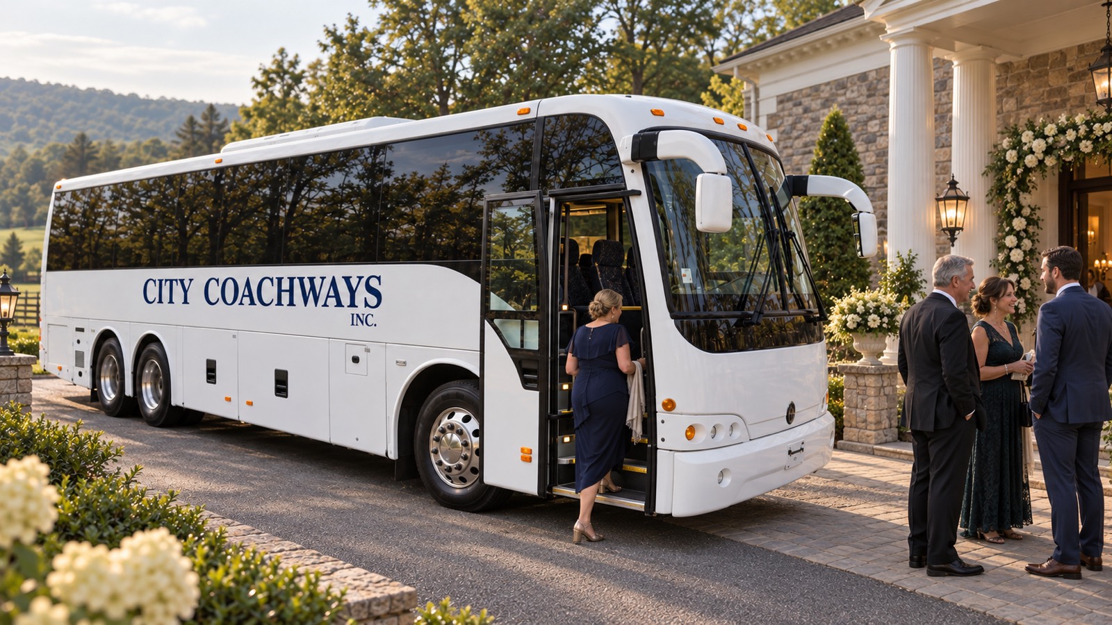 Illustrative wedding guest transfer scene with a white City Coachways coach and adult guests at a country venue.