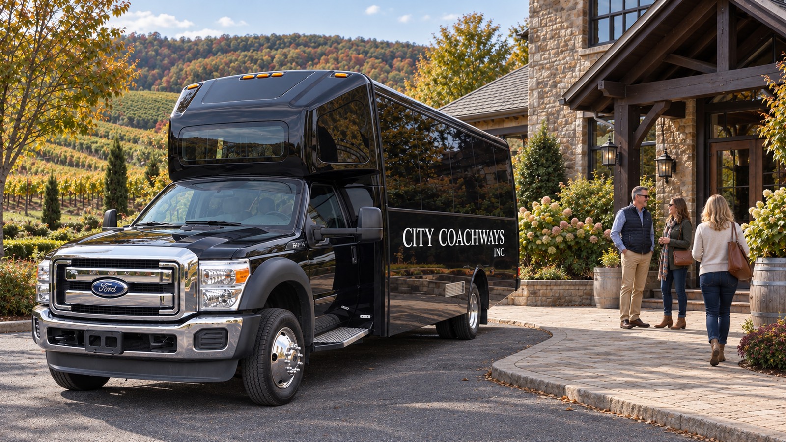 Illustrative winery outing scene with a black City Coachways minibus and three adult visitors near a tasting venue.